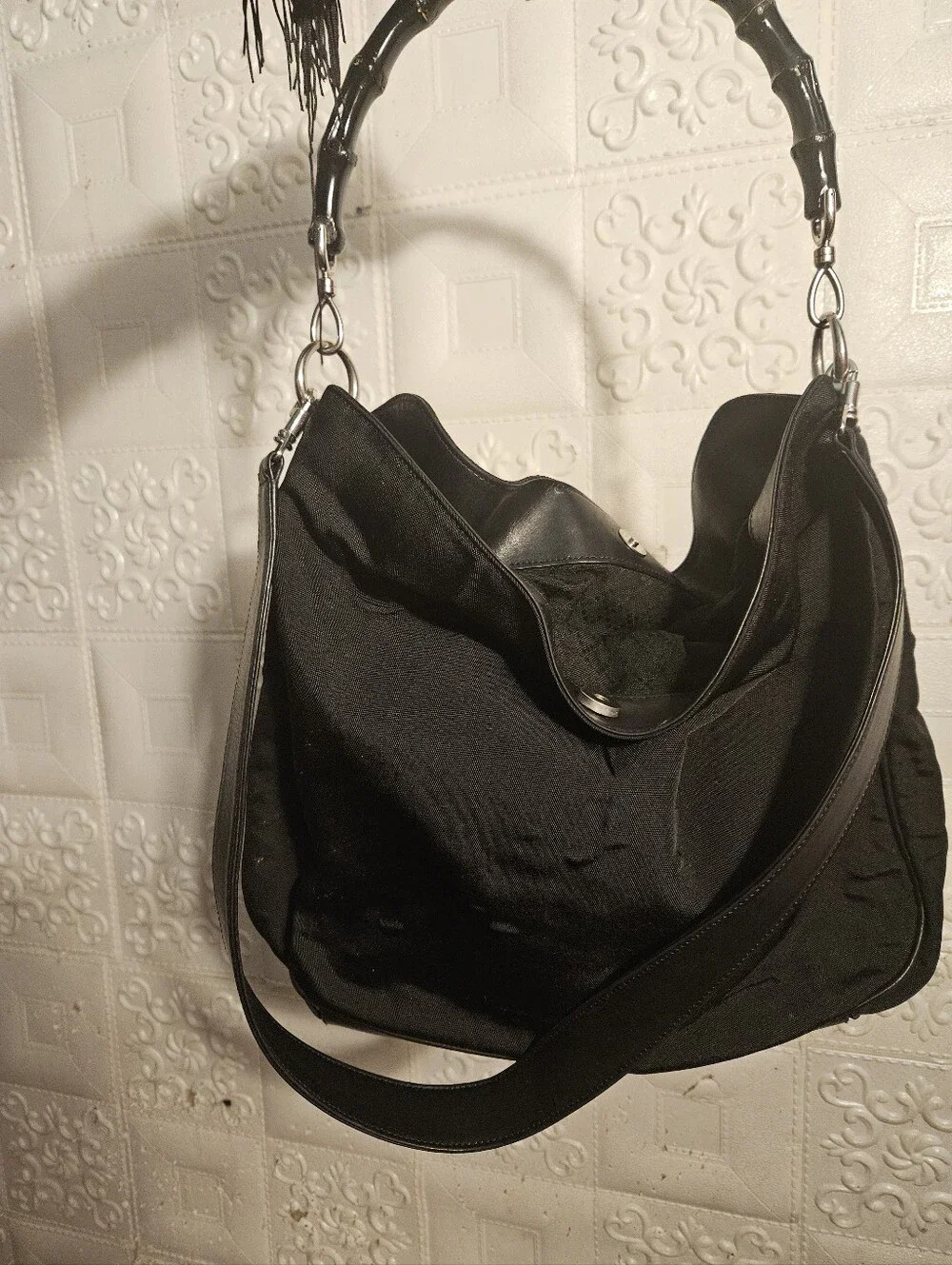 Gucci Nylon/Leather Black Bamboo Hobo 2way Authentic Vintage Bag